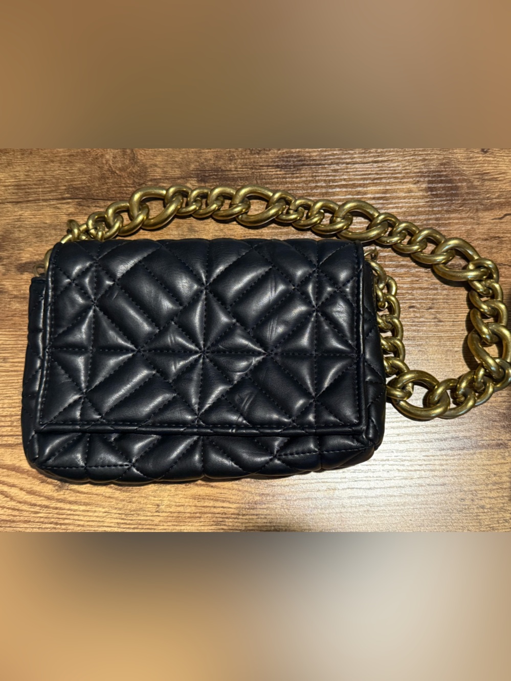 Zara Quilted Black Leather Crossbody Bag with Chunky Gold Toned Chain - Picture 1 of 4